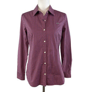 Vineyard Vines Blouse Shirt size 0 Pink Navy Blue Gingham Check Whale Casual